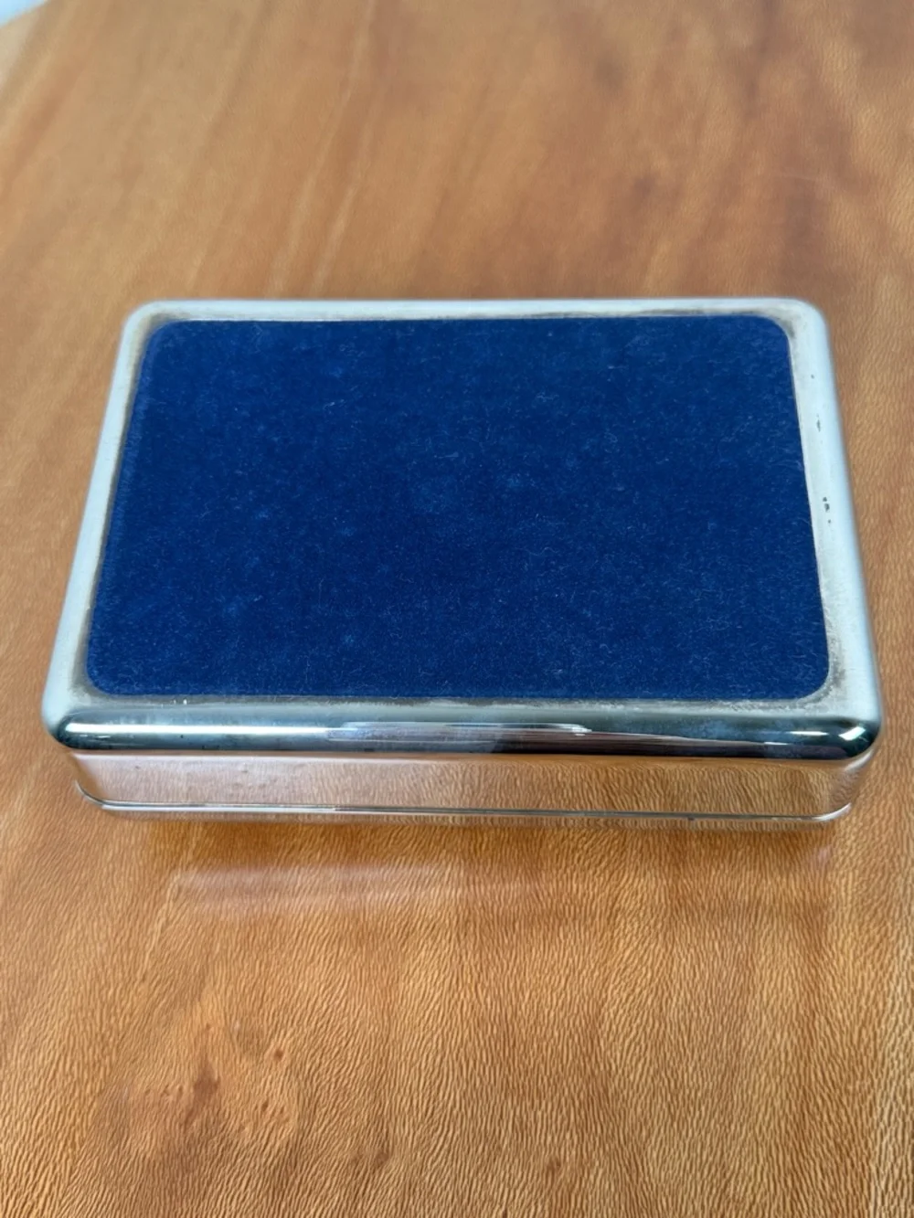 Vintage Silver Plated Jewelry Box w/ Gold Colored Bow Blue Velvet Lined